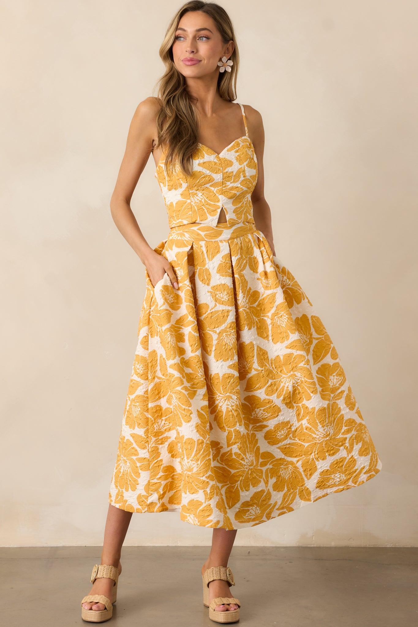 Santorini Sunsets Yellow Floral Jacquard Crop Top Product Image