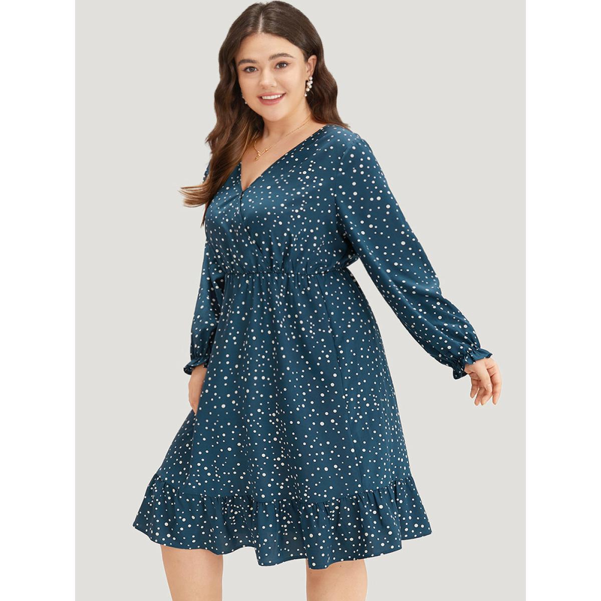 Plus Size Polka Dot Overlap Collar Flutter Trim Dress Aegean Women Elegant Elastic cuffs V-neck Long Sleeve Curvy Midi Dress BloomChic 12/L Product Image
