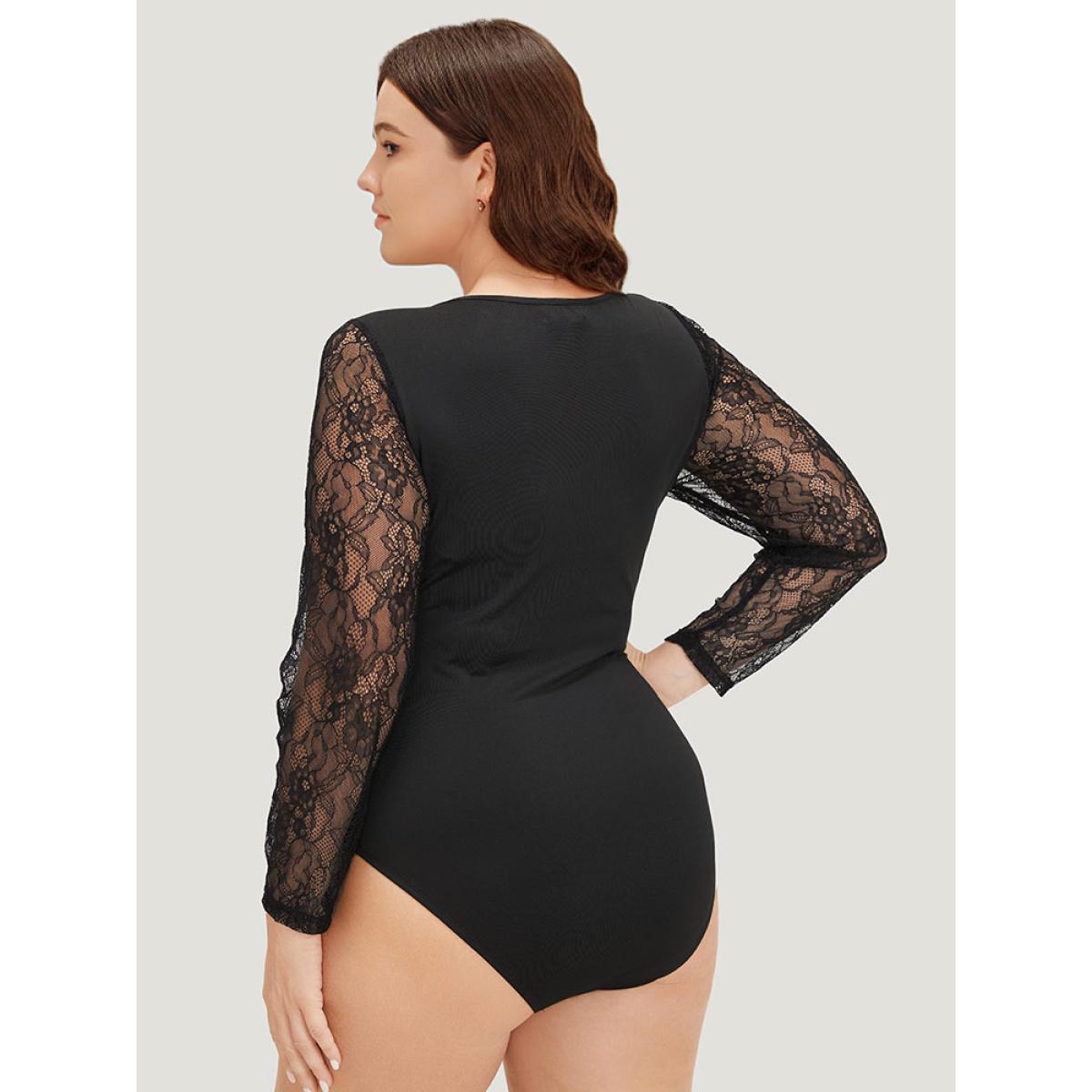 Plus Size Plain Lace Mesh Patchwork Crisscross Bodysuit Women Black Plain Patchwork Bodysuits BloomChic 28/5X Product Image