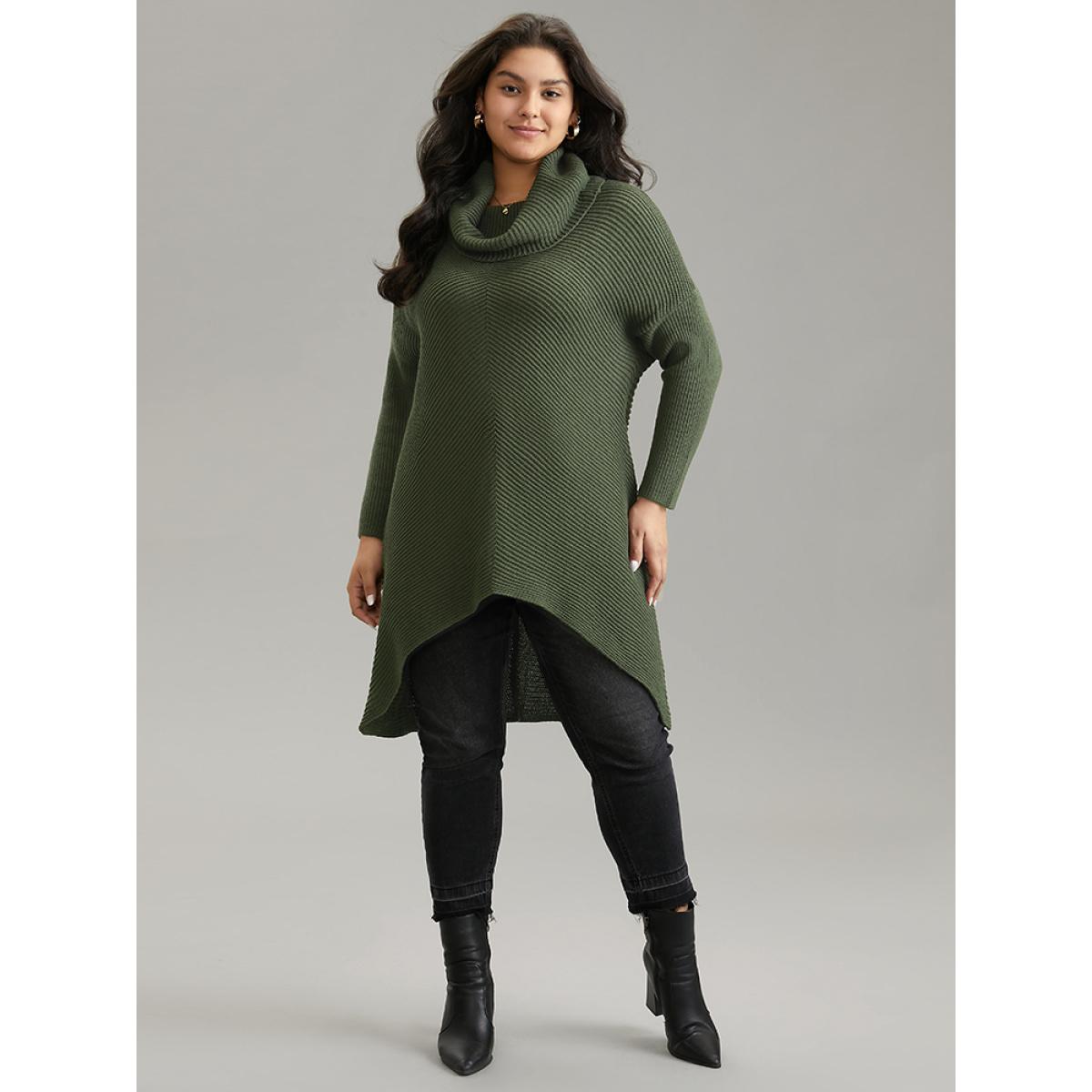 Plus Size Turtle Neck Plain Asymmetrical Hem Drop Shoulder Pullover ArmyGreen Women Casual Loose Long Sleeve Turtleneck Dailywear Pullovers BloomChic 14-16/1X Product Image