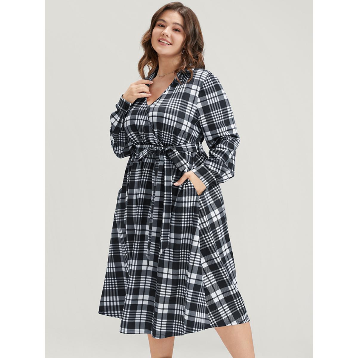 Plus Size Plaid Surplice Neck Lantern Sleeve Pocket Belt Midi Dress Black Women At the Office Elastic Waist V-neck Long Sleeve Curvy Midi Dress BloomChic 12/L Product Image