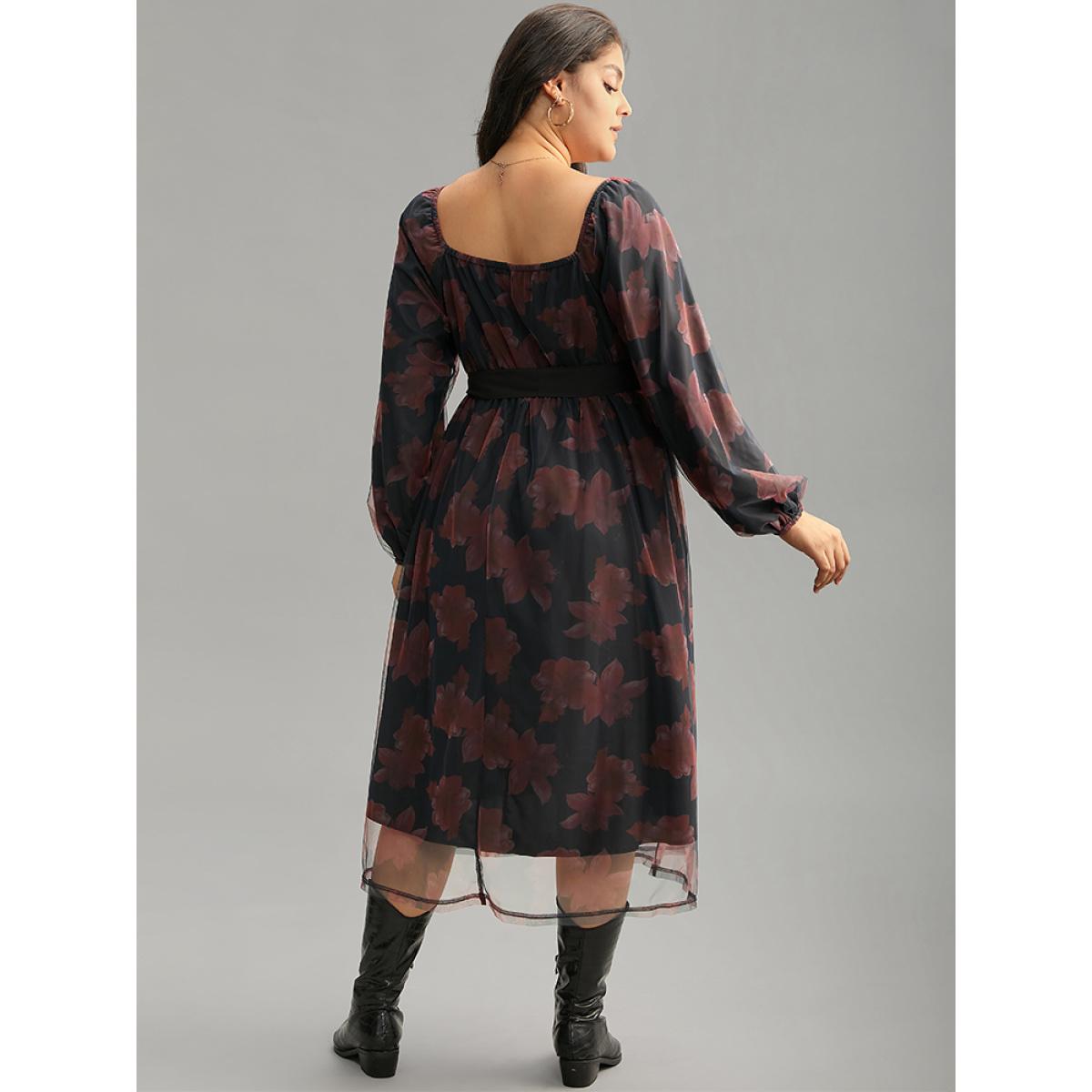 Plus Size Floral Mesh Belted Gathered Lantern Sleeve Dress BlackFlower Women Casual Elastic cuffs Square Neck Long Sleeve Curvy Midi Dress BloomChic 12/L Product Image