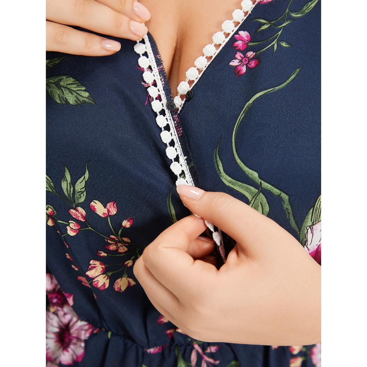 Plus Size DarkBlue Floral Print Overlap Collar Contrast Trim Pocket Jumpsuit Women Vacation Elbow-length sleeve V-neck Dailywear Loose Jumpsuits BloomChic 18-20/2X Product Image