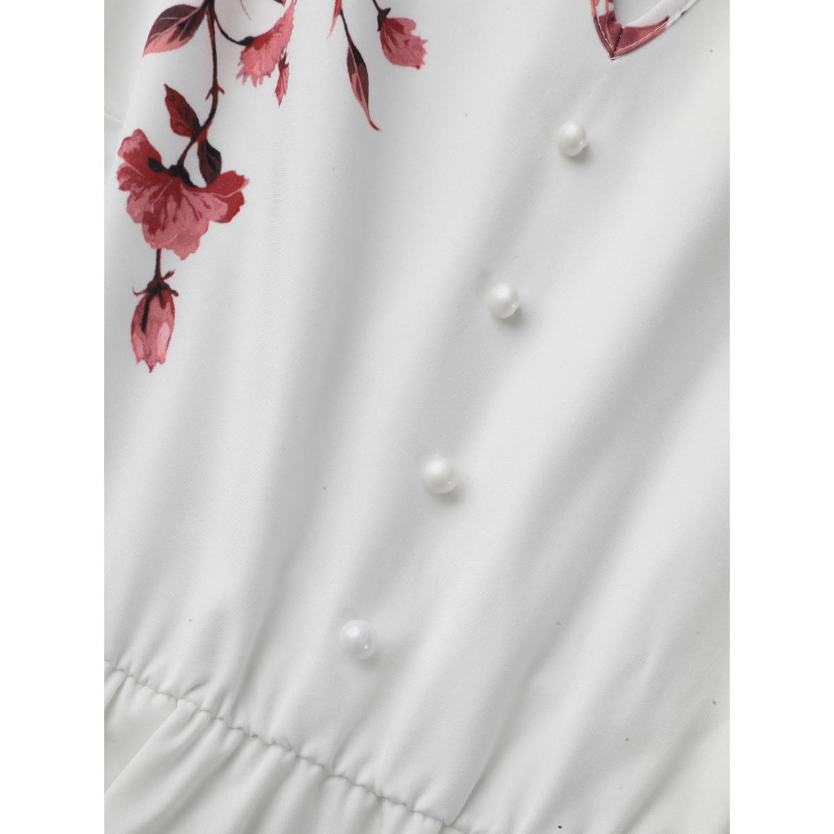 Plus Size Boho Print Lantern Sleeve Button Detail Dress Rosered Women Resort Button Flat collar with V-notch Long Sleeve Curvy BloomChic 10/M Product Image