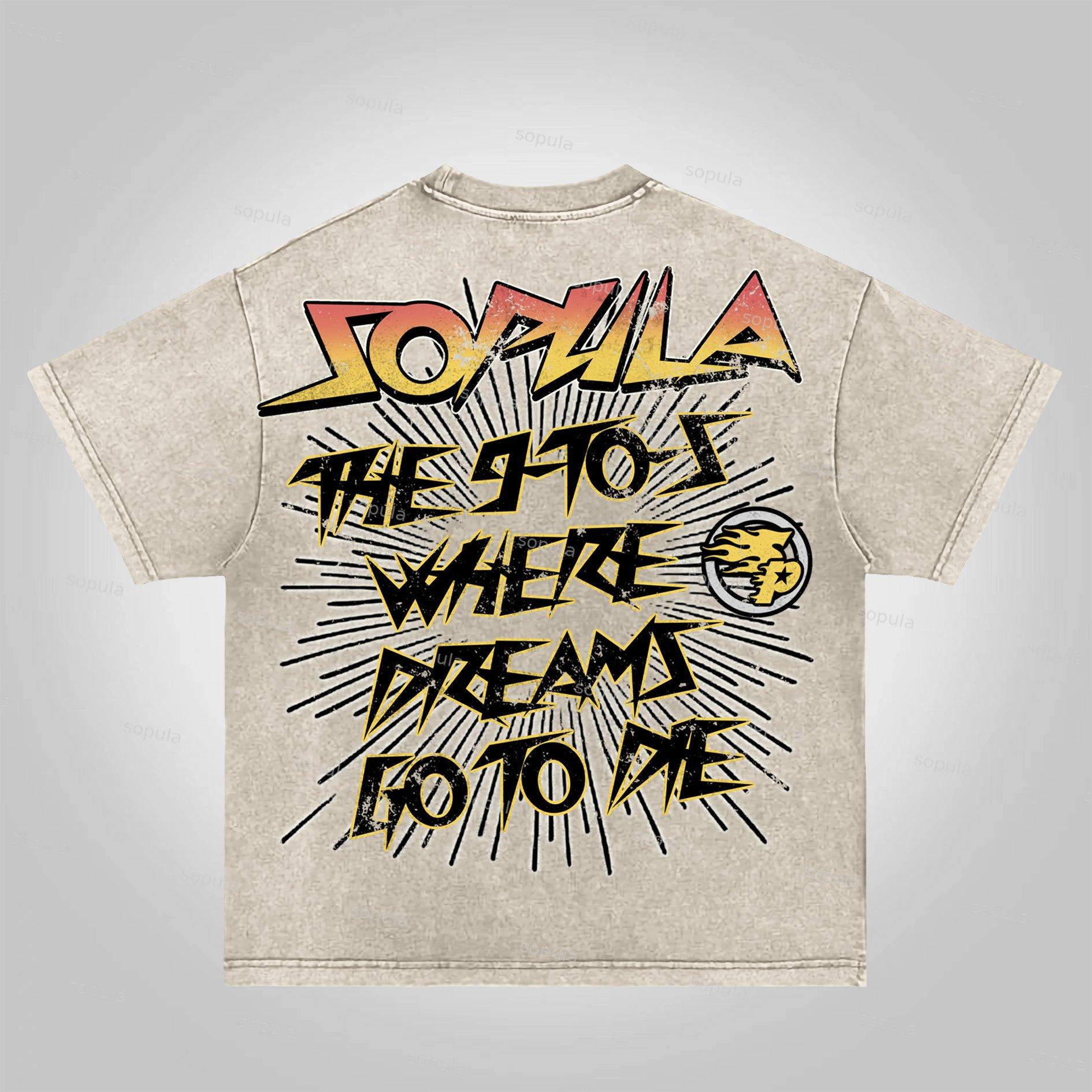 Sopula The 9-To-5, Where Dreams Go To Die Vintage Skull Graphics Acid Washed T-Shirt Product Image
