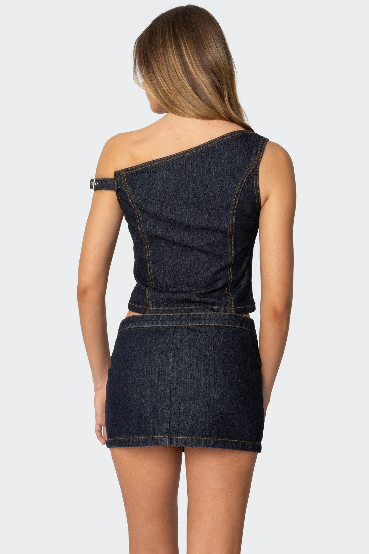 Keira Buckled Asymmetric Denim Top Product Image