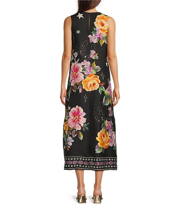 JOHNNY WAS Karolina Placement Floral Border Print Round Neck Sleeveless A-Line Midi Dress Product Image