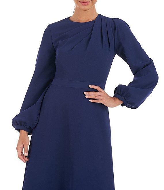 Kay Unger Ruched Jewel Neck Long Blouson Sleeve Stretch Crepe Gown Product Image