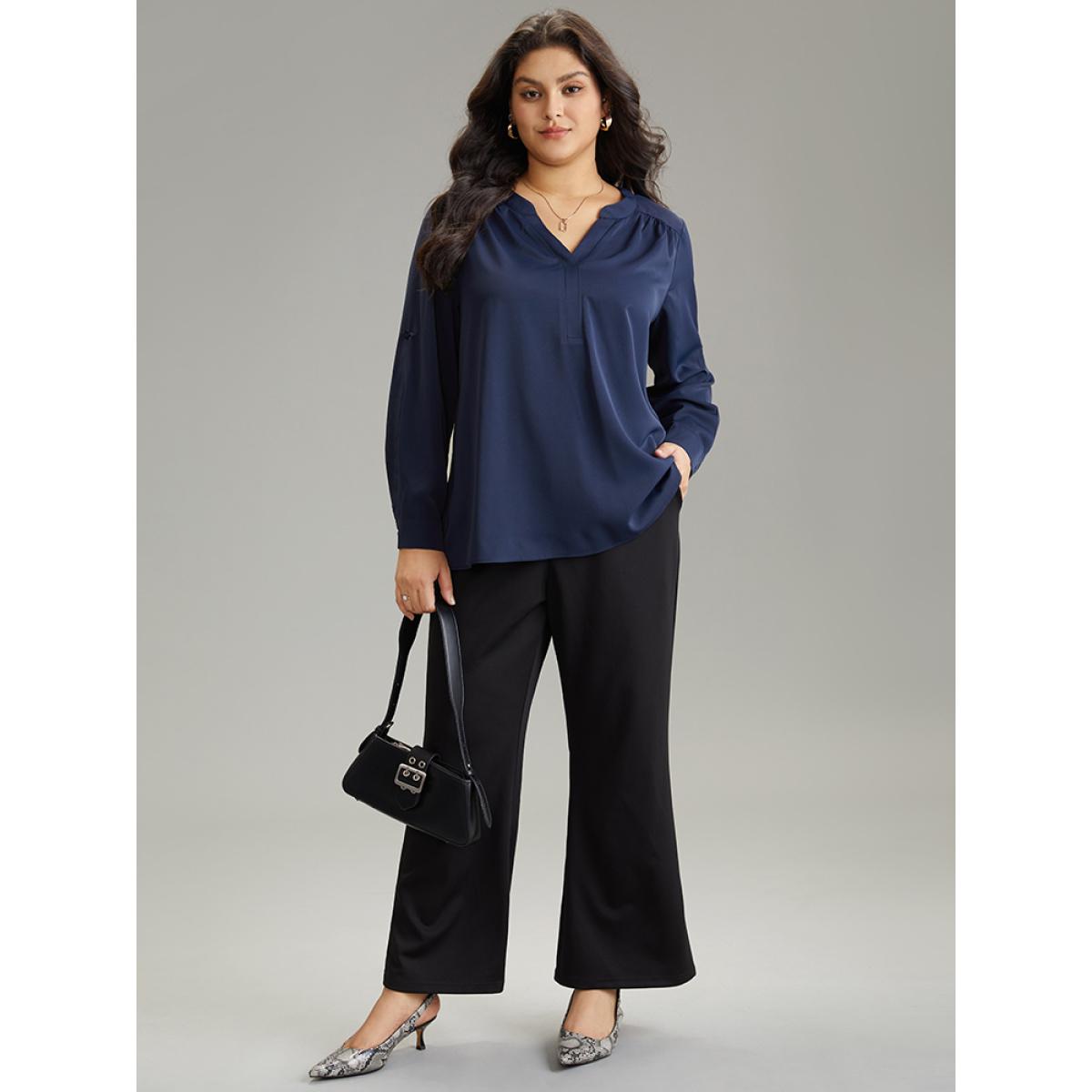 Plus Size Indigo Static-Free Solid Gathered Tab Sleeve Blouse Women Office Long Sleeve V-neck Office Blouses BloomChic 22-24/3X Product Image