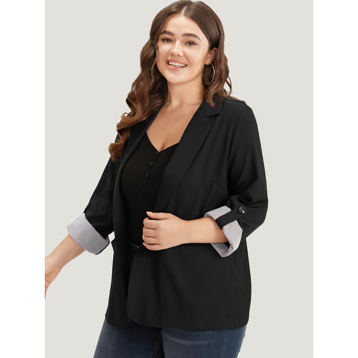 Plus Size Contrast Suit Collar Button Up Pocket Tab Sleeve Blazer Indigo Women Work Plain Contrast Sleeve Long Sleeve Lapel Collar 14-16/1X Pocket Office Blazers BloomChic Product Image