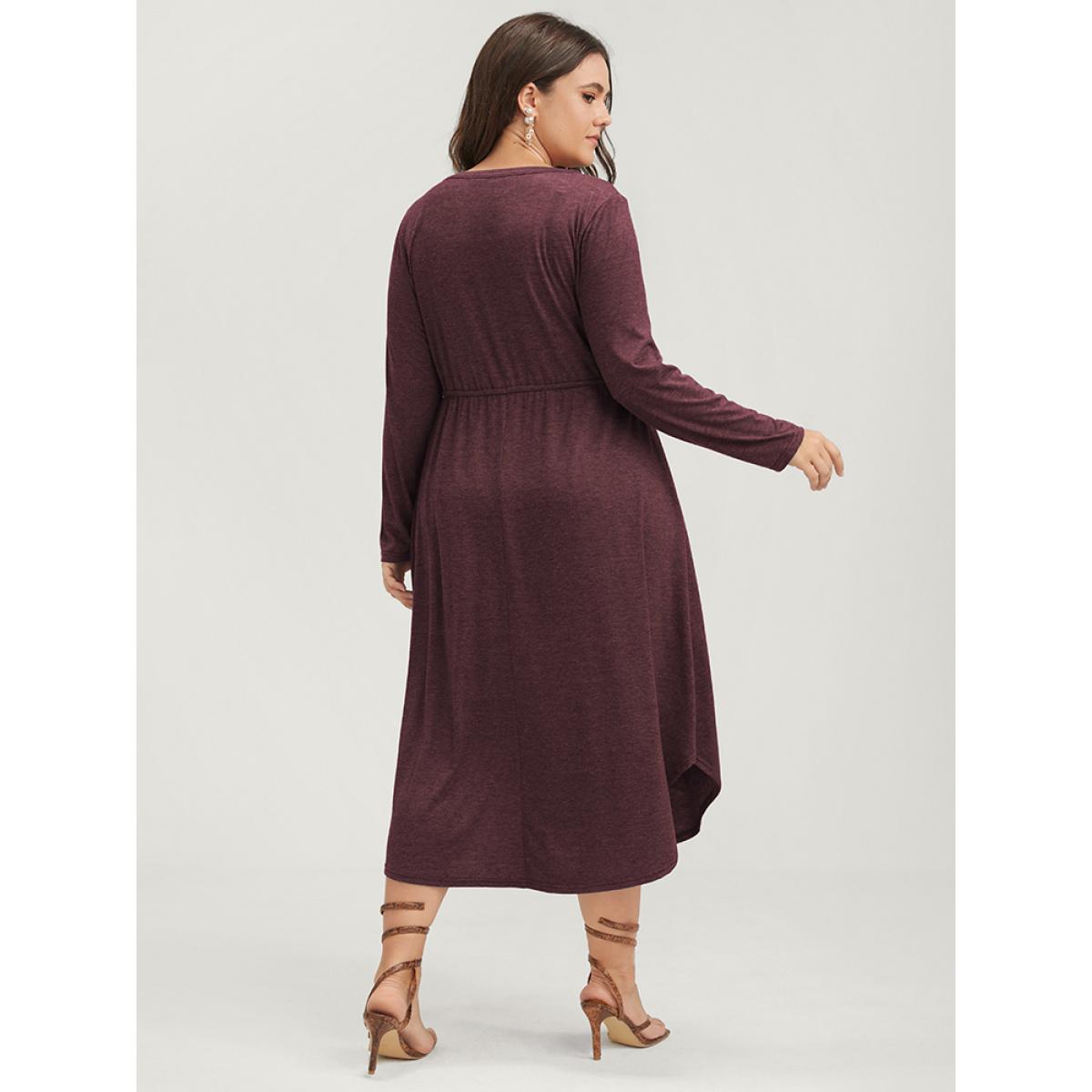 Plus Size Solid Pocket Button Asymmetrical Hem Ties Midi Dress Black Women Casual Patchwork V-neck Long Sleeve Curvy Midi Dress BloomChic 10/M Product Image