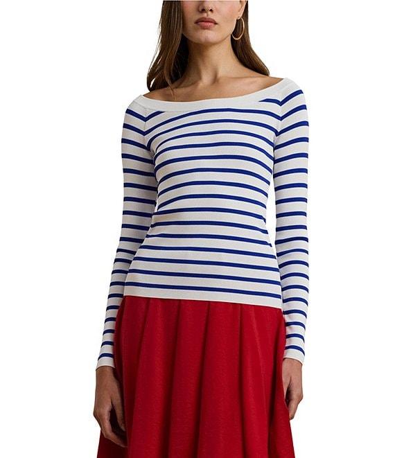 Lauren Ralph Lauren Horizontal Striped Ribbed Ballet Neck Long Raglan Sleeve Sweater Product Image