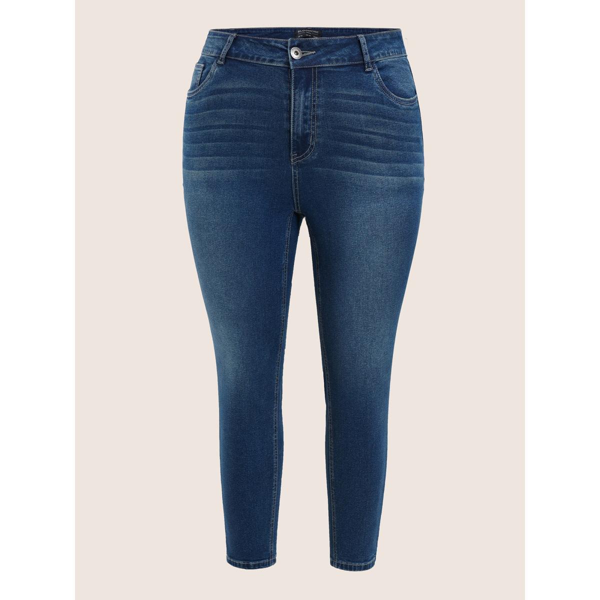 Plus Size Plain Pocket Embroidered Skinny Jeans Women Indigo Casual Plain Non High stretch Slanted pocket Jeans BloomChic 30/6X Product Image