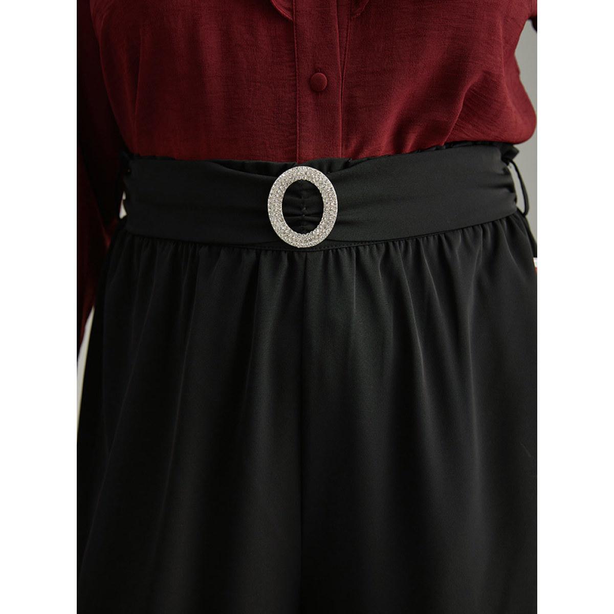 Plus Size Static-Free Solid Glitter Buckle Detail Belted Pants Women Black Office Straight Leg High Rise Office Pants BloomChic 22-24/3X Product Image