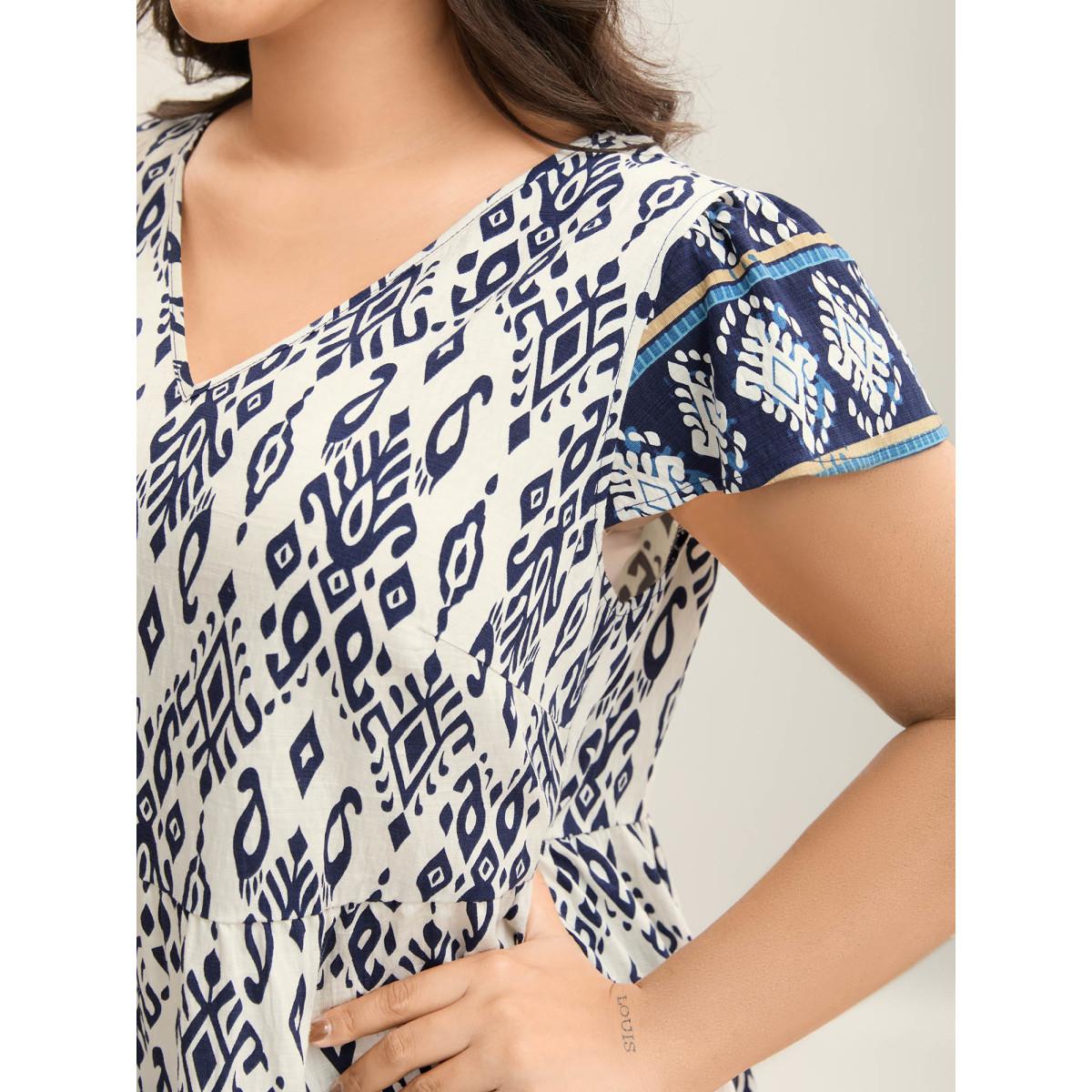 Plus Size Indigo Boho Print High-Low Hem Shirt Women Boho Cap Sleeve V-neck Vacation Blouses BloomChic 26/4X Product Image