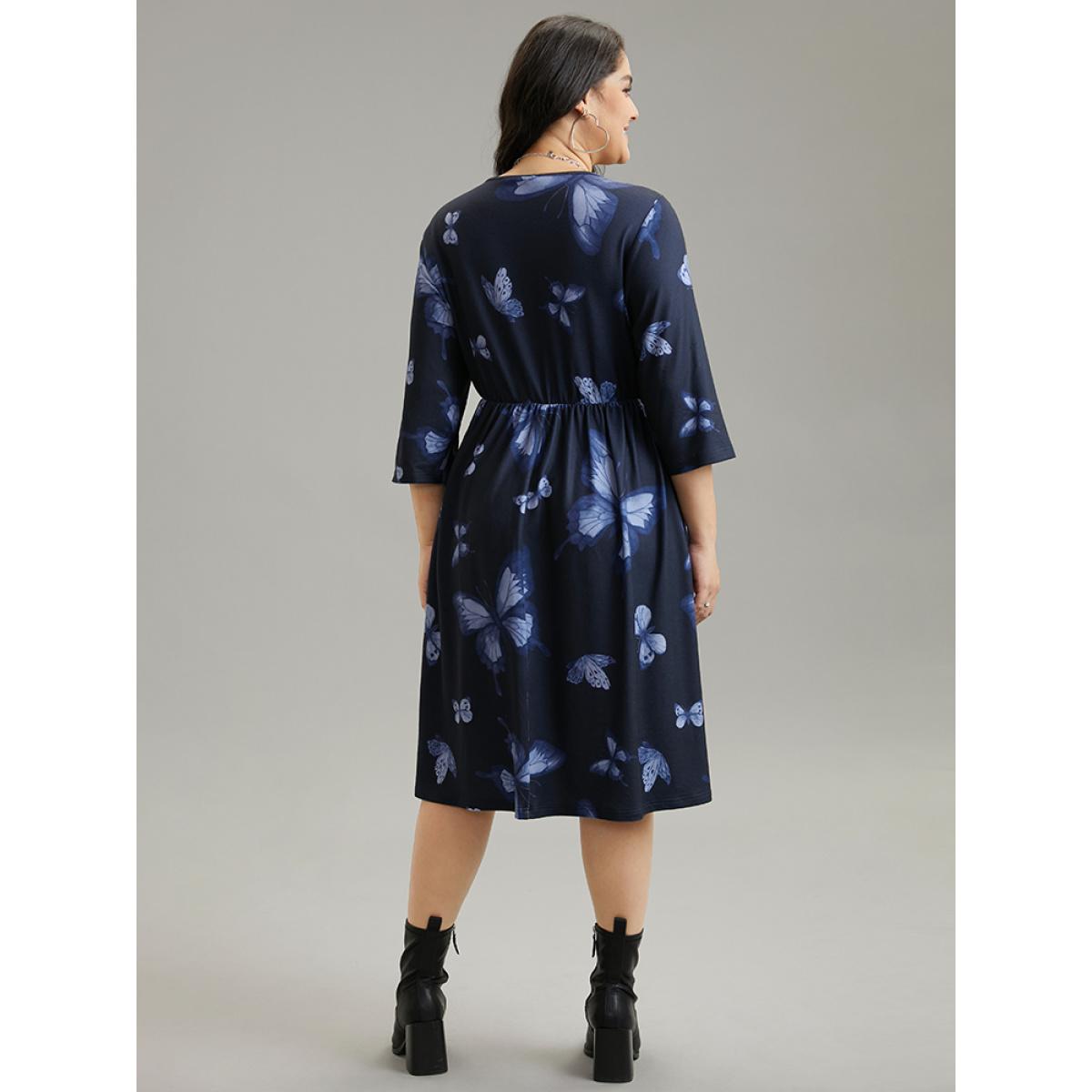 Plus Size Butterfly Print Notched Elastic Waist Button Detail Dress Midnight Women Casual Gathered Notched collar Elbow-length sleeve Curvy Midi Dress BloomChic 14-16/1X Product Image