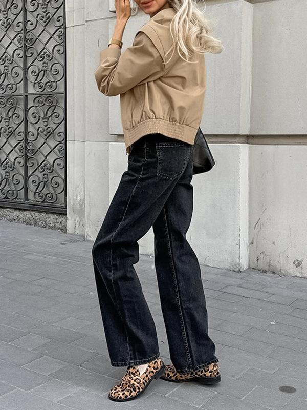 Long Sleeves Loose Buttoned Elasticity Solid Color Zipper Lapel Jackets Outerwear Product Image