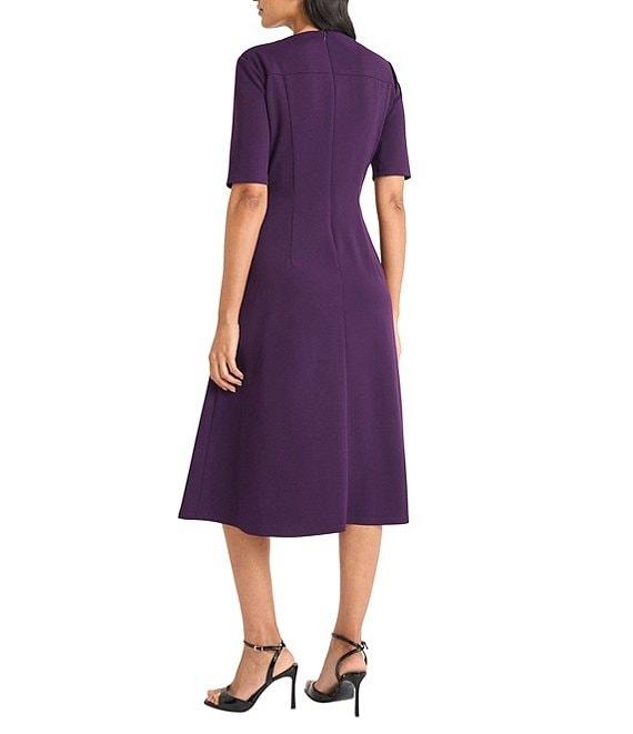 Maggy London Short Sleeve Crew Neck Double Pleat Stretch Crepe Midi A-Line Midi Dress Product Image