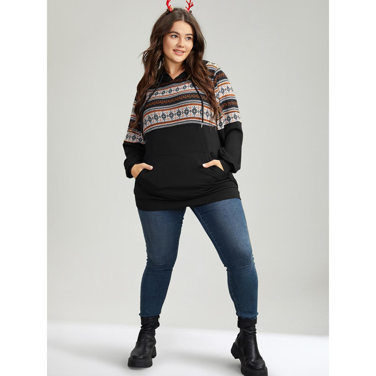 Plus Size Patchwork Contrast Pocket Hooded Drawstring Sweatshirt Women Black Casual Contrast Hooded Festival-Christmas Sweatshirts BloomChic 10/M Product Image