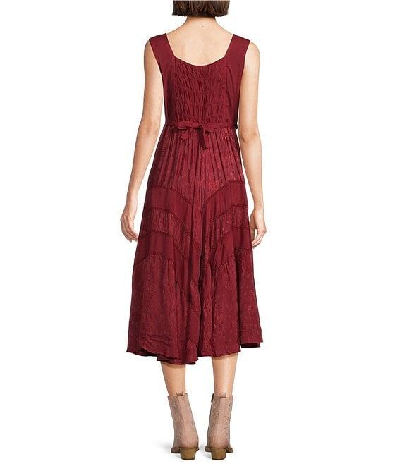 Scully Sleeveless Lace-Up Embroidered Floral Jacquard Tie Waist Midi Dress Product Image
