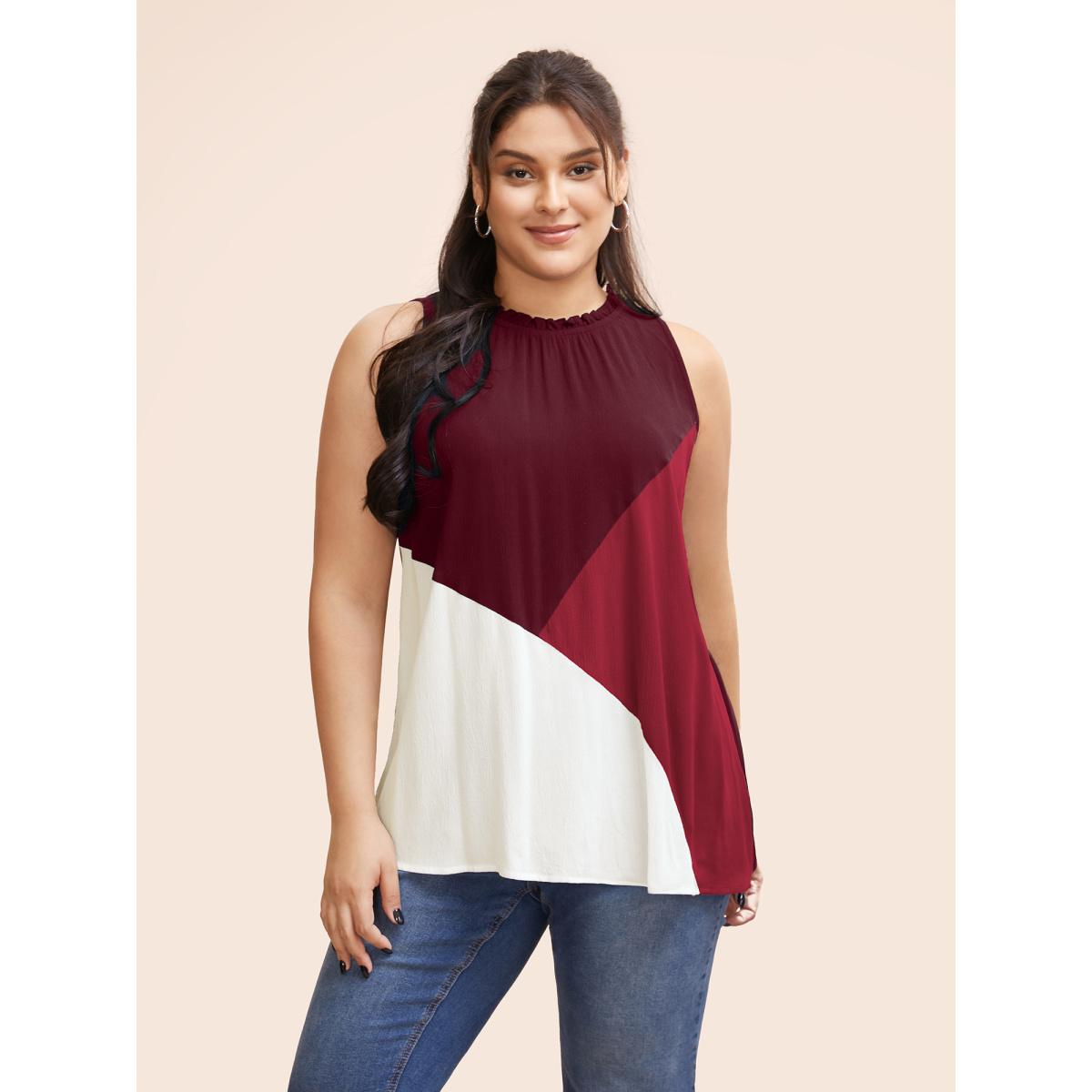 Plus Size Colorblock Contrast Frill Trim Gathered Tank Top Women Burgundy Casual Contrast Mock Neck Everyday Tank Tops Camis BloomChic 14-16/1X Product Image
