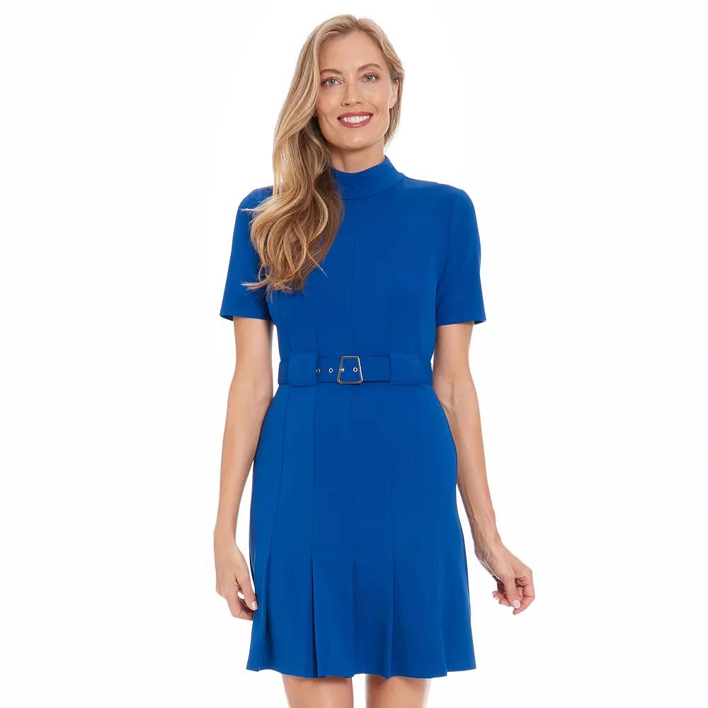 Women's London Times Mock Neck Belted Pleated Dress,  Product Image