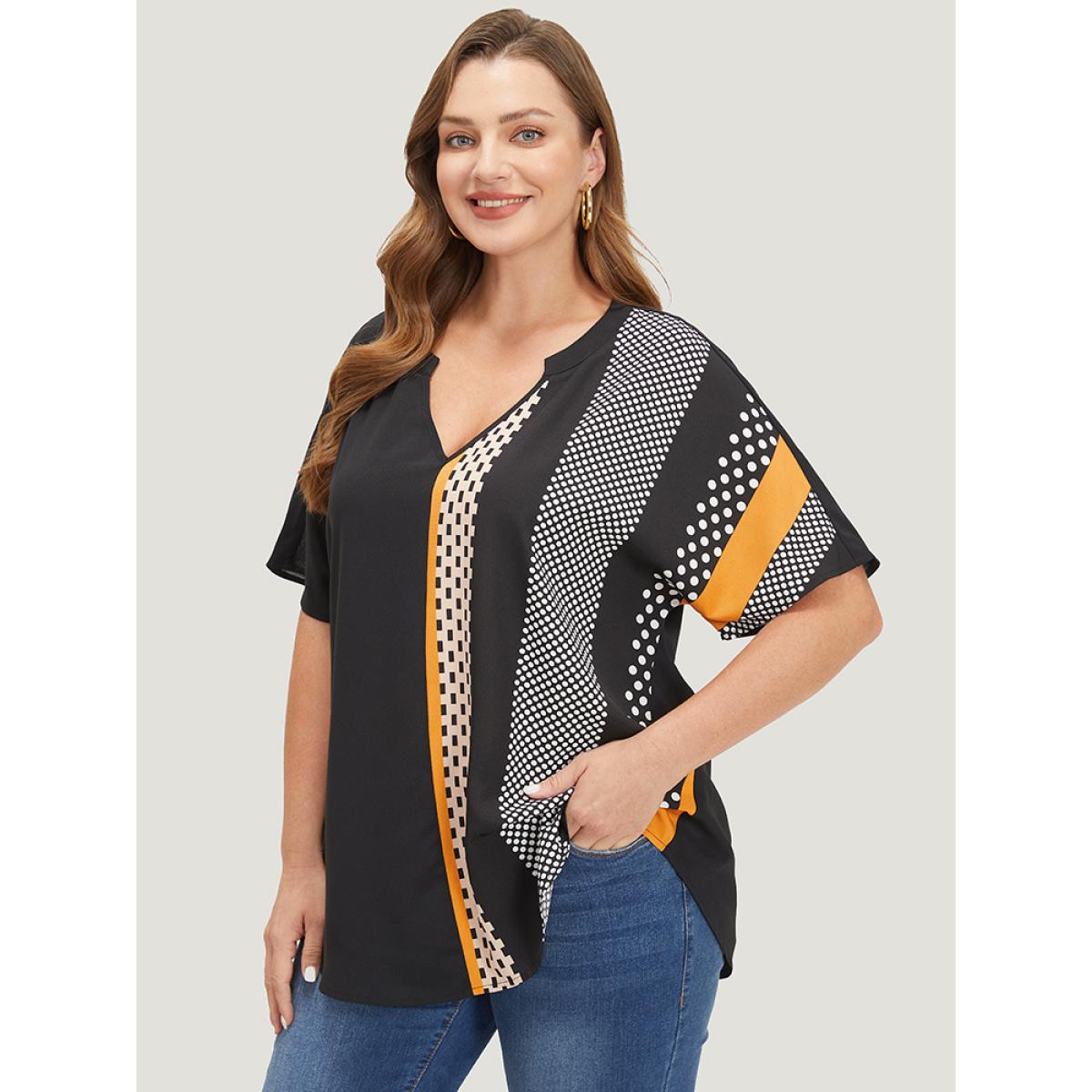 Plus Size Black Contrast Patchwork Notched Arc Hem Blouse Women Elegant Short sleeve Notched collar Dailywear Blouses BloomChic 12/L Product Image