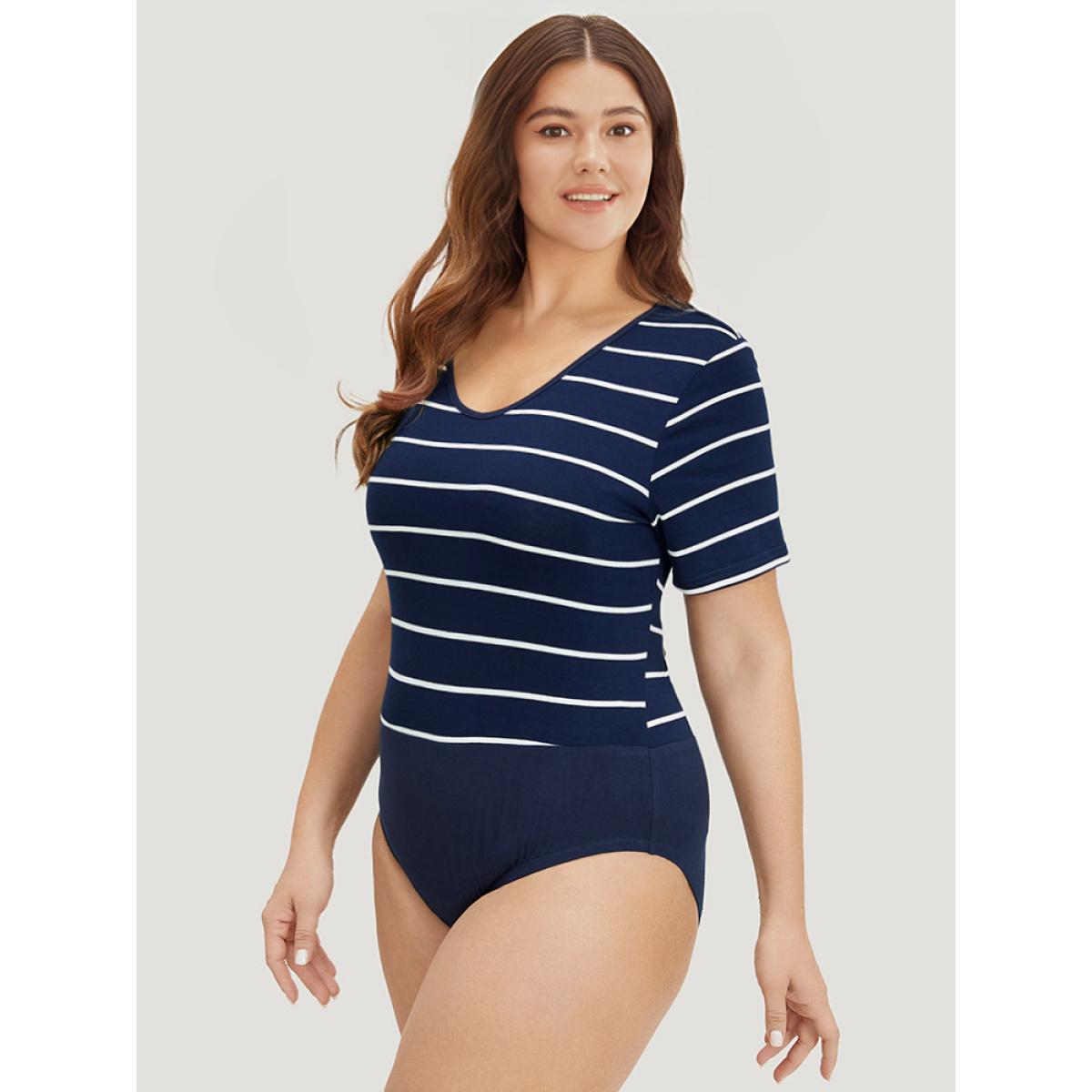 Plus Size Striped Contrast Patchwork Crew Neck Bodysuit Women Midnight Striped Bodysuits BloomChic 14-16/1X Product Image