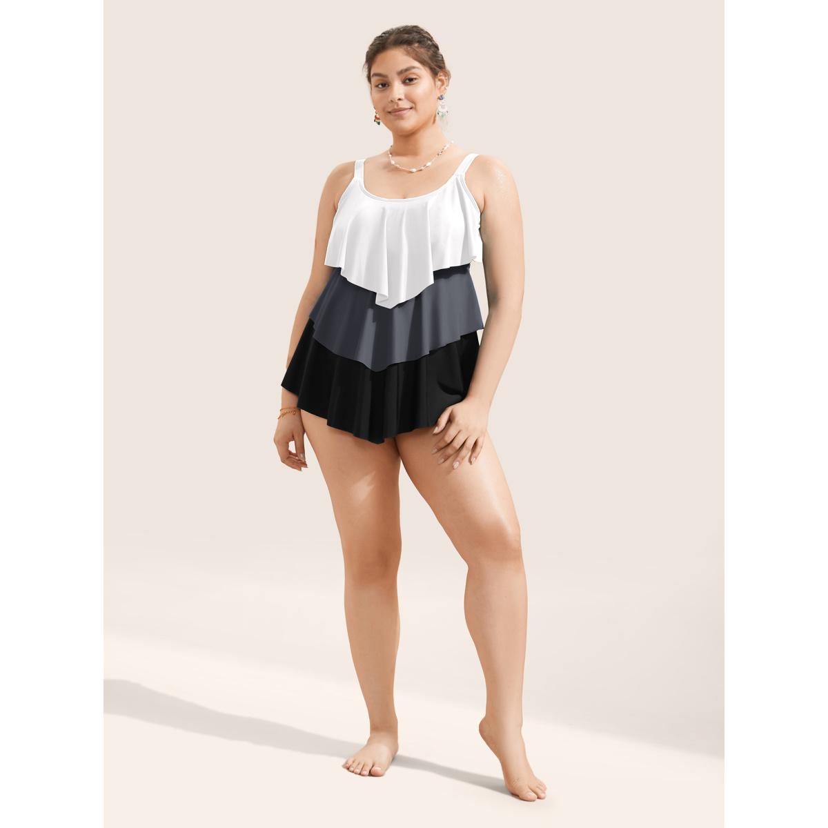 Plus Size Colorblock Contrast Ruffle Layered Hem Tankini Top Women's Swimwear DimGray Beach Non High stretch Bodycon U-neck Curve Swim Tops BloomChic 28/5X Product Image
