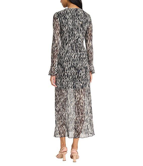 Donna Morgan Long Bell Sleeve Printed Mesh Sheath Midi Dress Product Image
