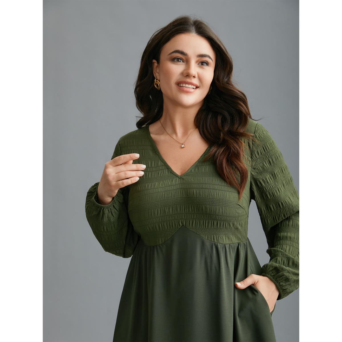 Plus Size V-Neck Splicing Textured Knit Dress ArmyGreen Women Elegant Texture Knit Dresses Bloomchic 28/5X Product Image