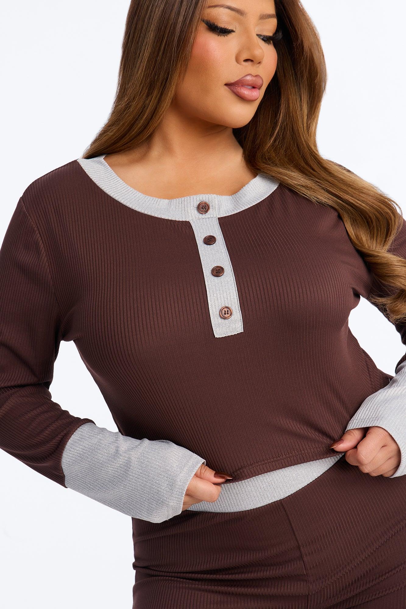 Still Napping Ribbed Long Sleeve PJ Pant Set - Chocolate Female Product Image