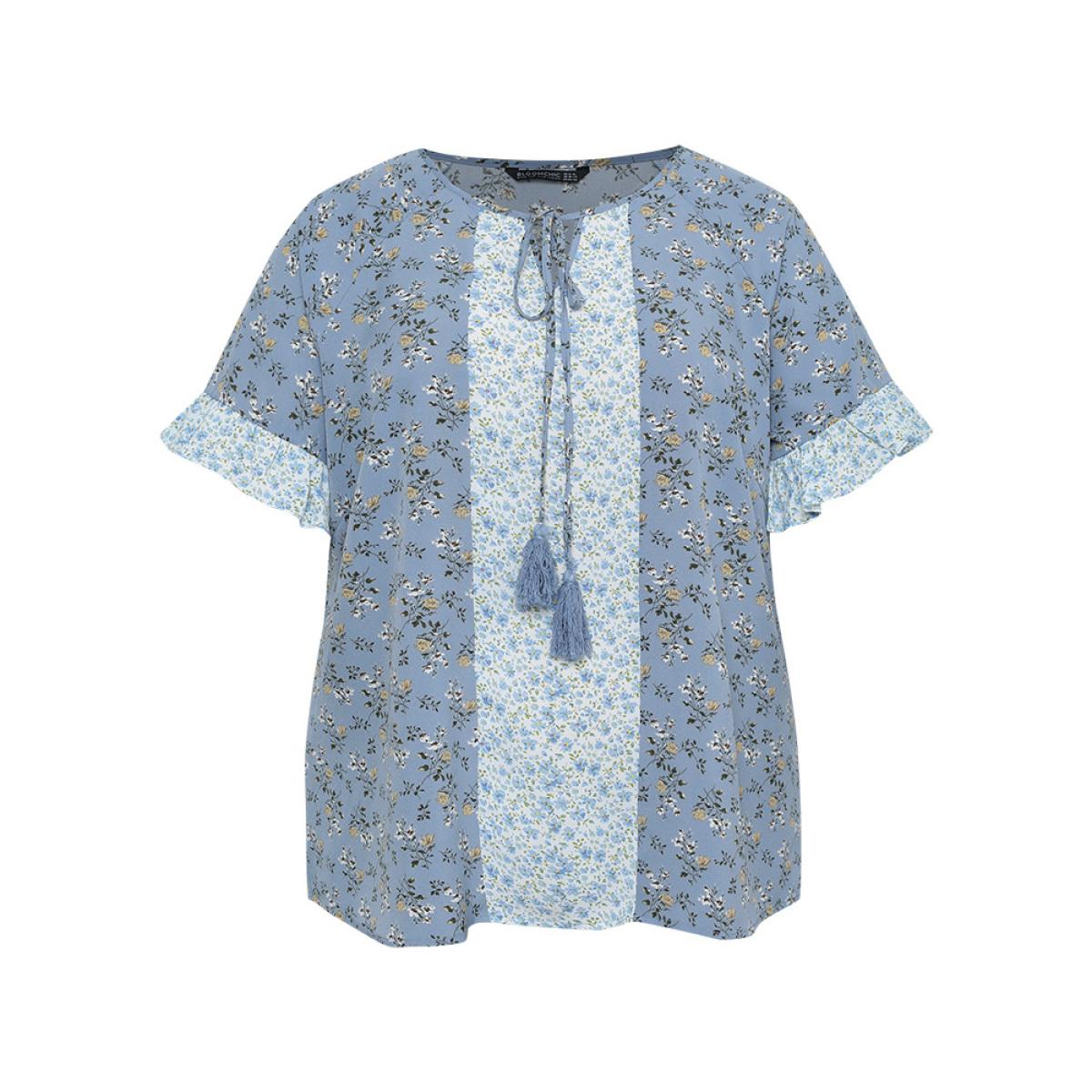 Plus Size Stone Ditsy Floral Tassels Tie Patchwork Ruffle Sleeve Blouse Women Elegant Short sleeve Tie Neck Dailywear Blouses BloomChic 12/L Product Image