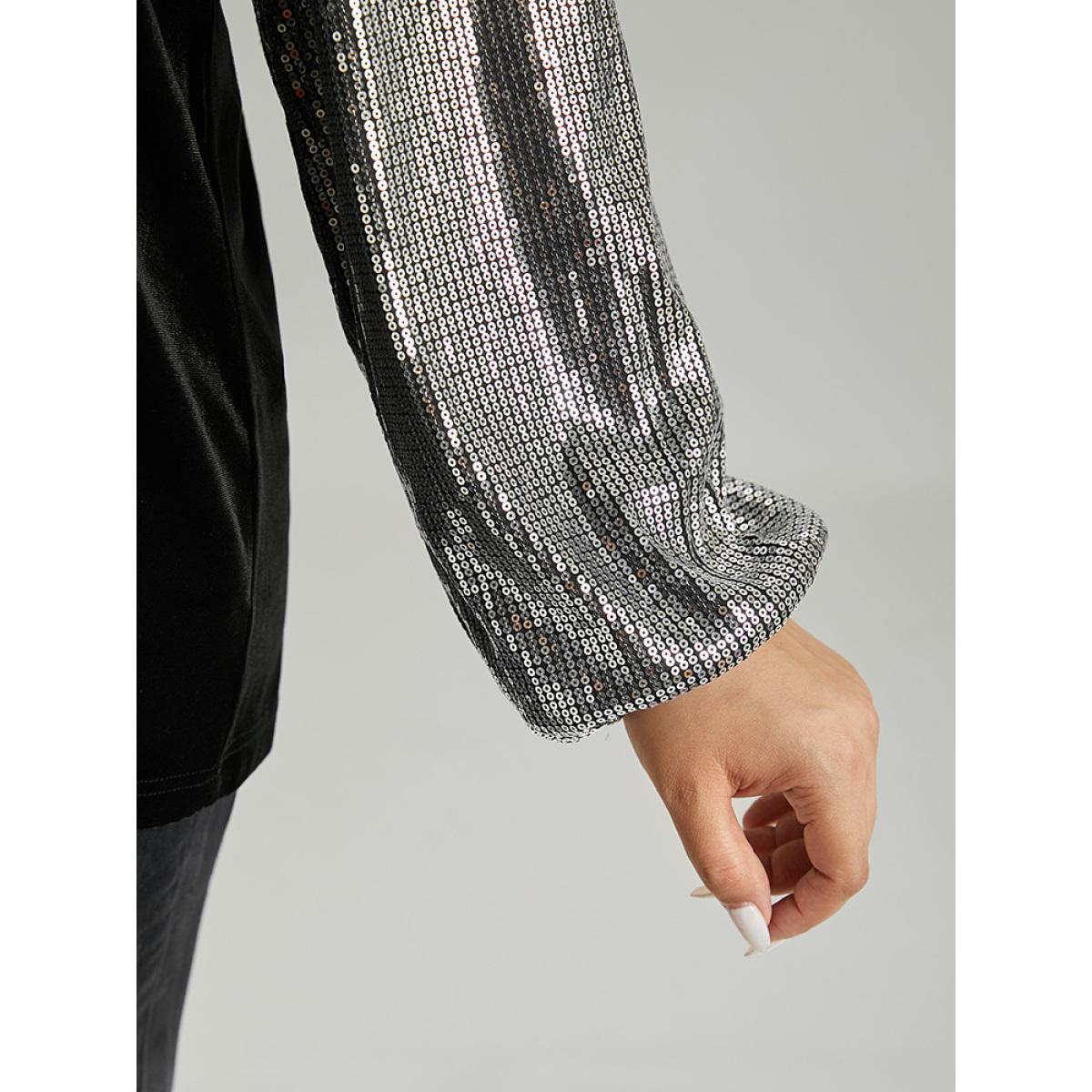 Plus Size Sequin Patchwork V Neck Lantern Sleeve Sweatshirt Women Black Cocktail Elastic cuffs V-neck Party Sweatshirts BloomChic 18-20/2X Product Image
