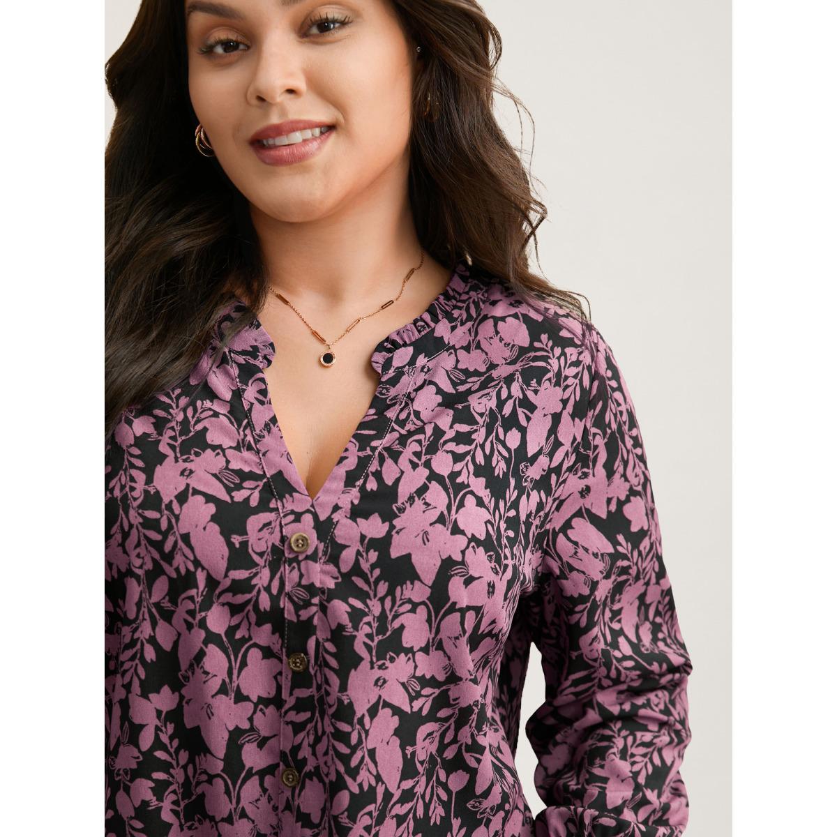 Plus Size BlackFlower Silhouette Floral Print Notched Frill Trim Blouse Women Elegant Long Sleeve Notched collar Everyday Blouses BloomChic 14-16/1X Product Image