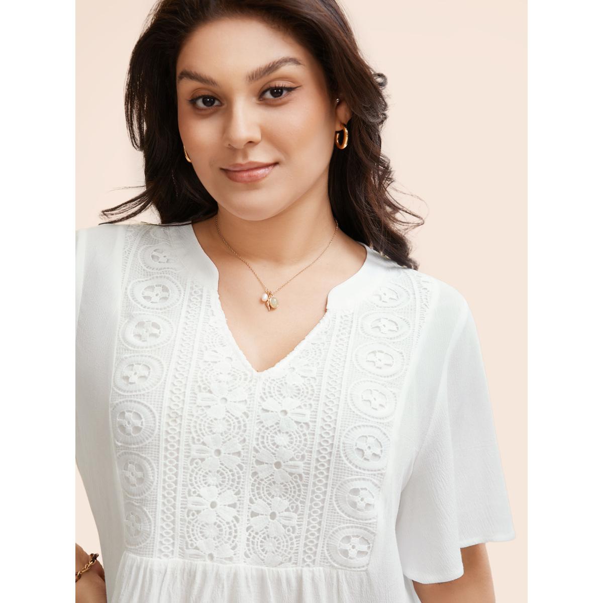 Plus Size Opticwhite Notched Collar Texture Slit Hem Blouse Women Elegant Short sleeve Notched collar Everyday Blouses BloomChic 12/L Product Image