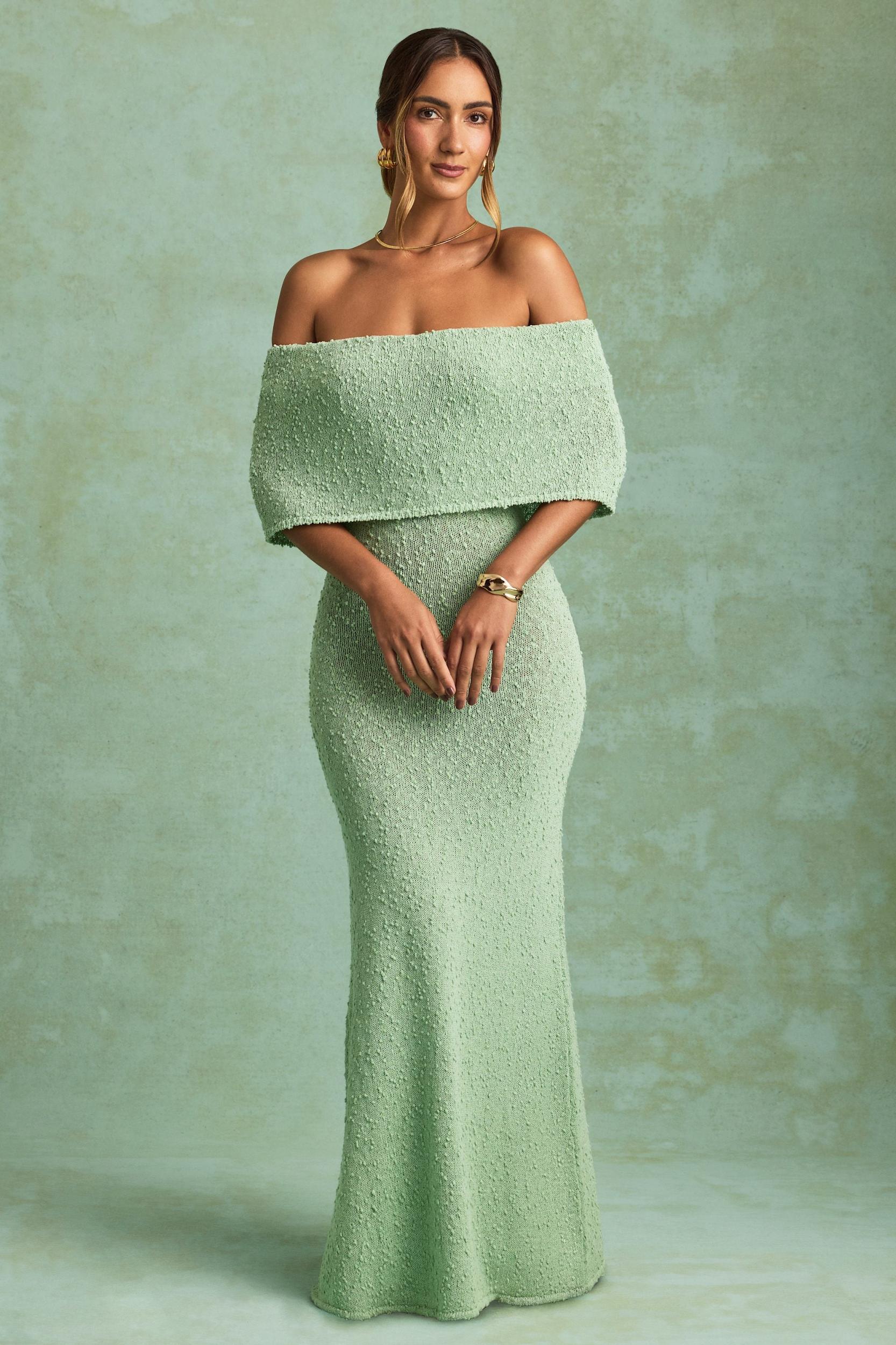 Bouclé Off-Shoulder Maxi Dress in Mint Girls Product Image