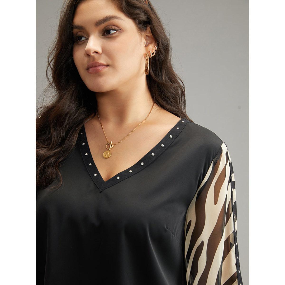 Plus Size Black Zebra Print Chiffon Patchwork Pearl Beaded Blouse Women Elegant Elbow-length sleeve V-neck Dailywear Blouses BloomChic 12/L Product Image