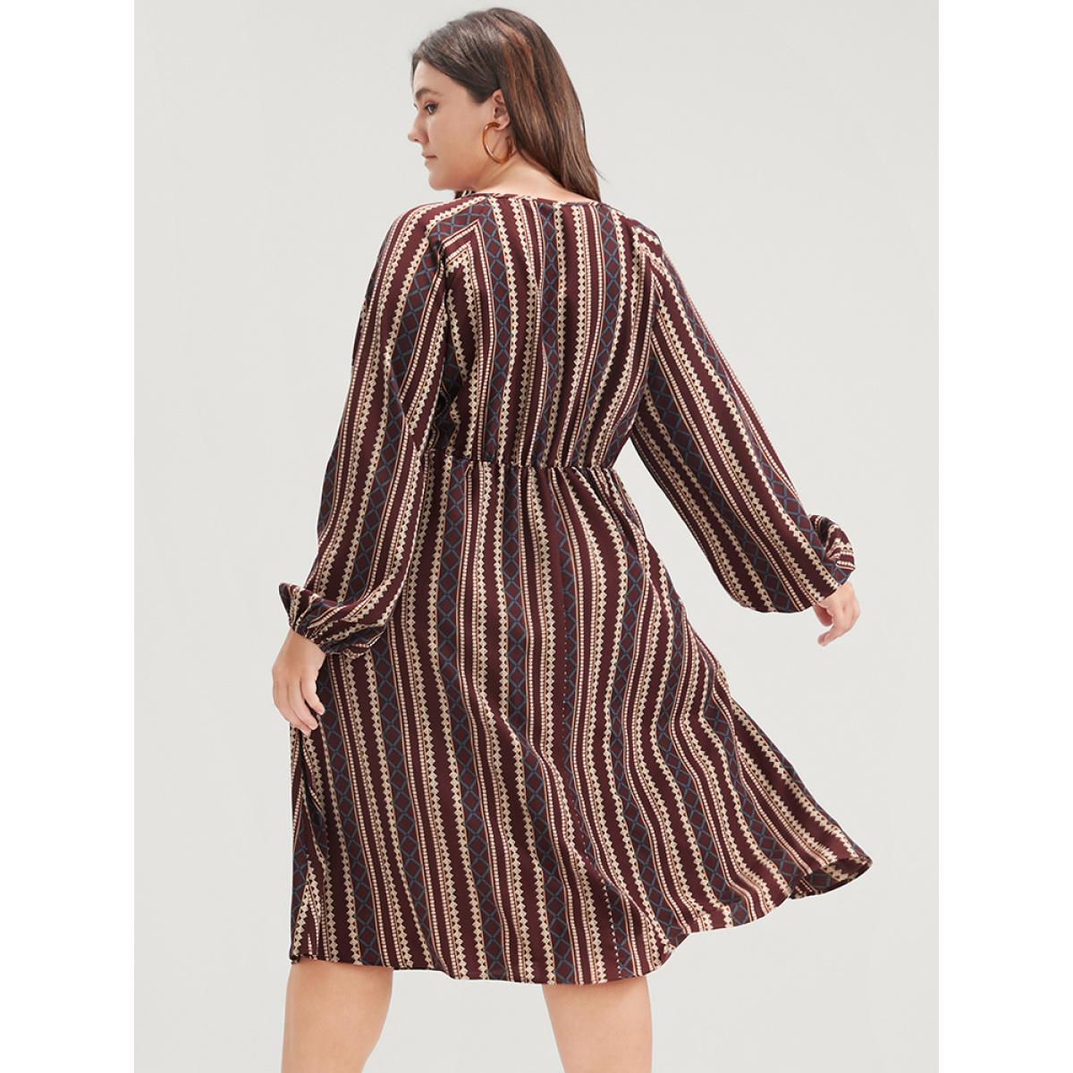 Plus Size Striped V Neck Lantern Sleeve Pocket Knee Dress Burgundy Women Vacation Pocket V-neck Long Sleeve Curvy Knee Dress BloomChic 26/4X Product Image
