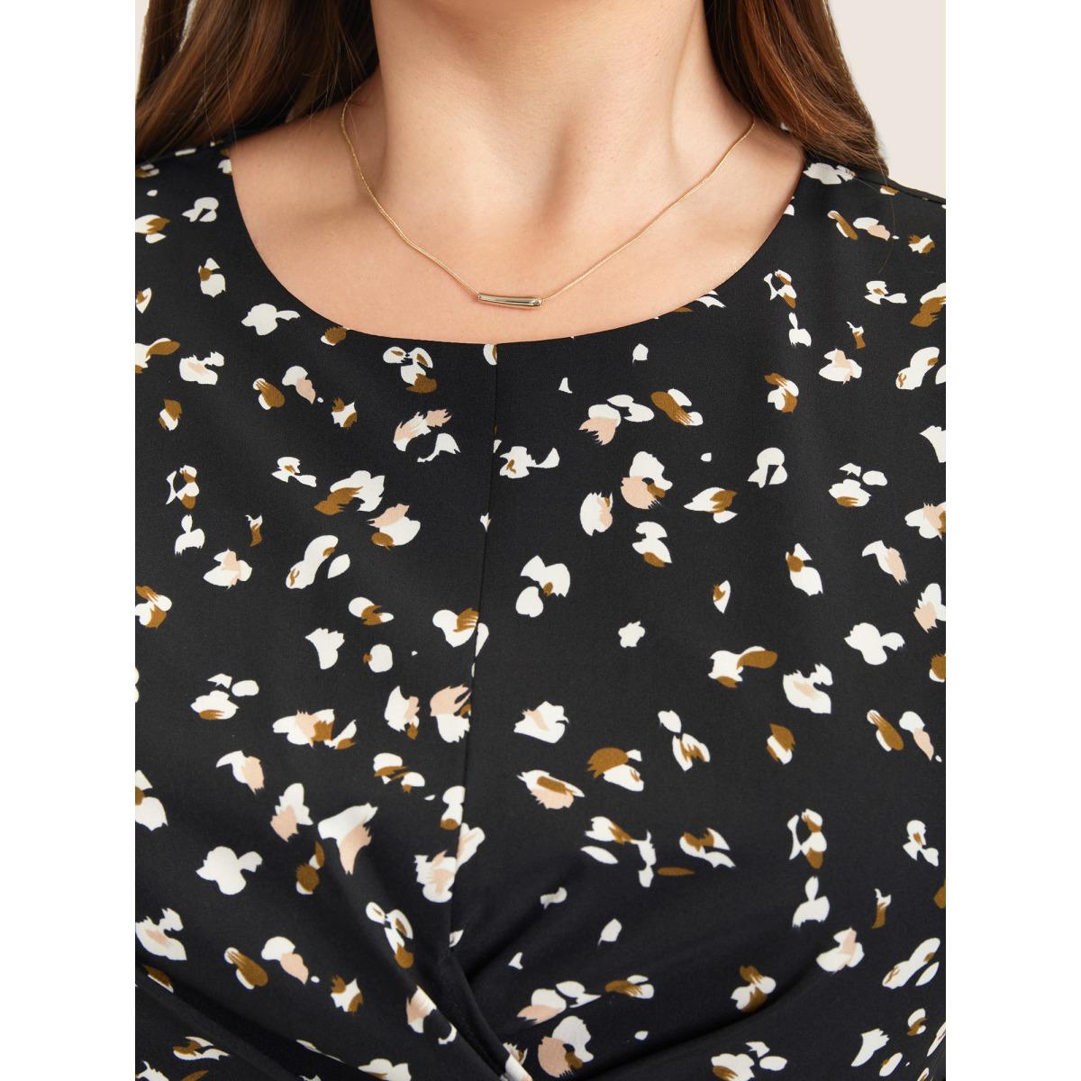 Plus Size Allover Print Pocket Flutter Crossover Ruched Tank Dress Black Women Elegant Twist Round Neck Sleeveless Curvy Midi Dress BloomChic 12/L Product Image