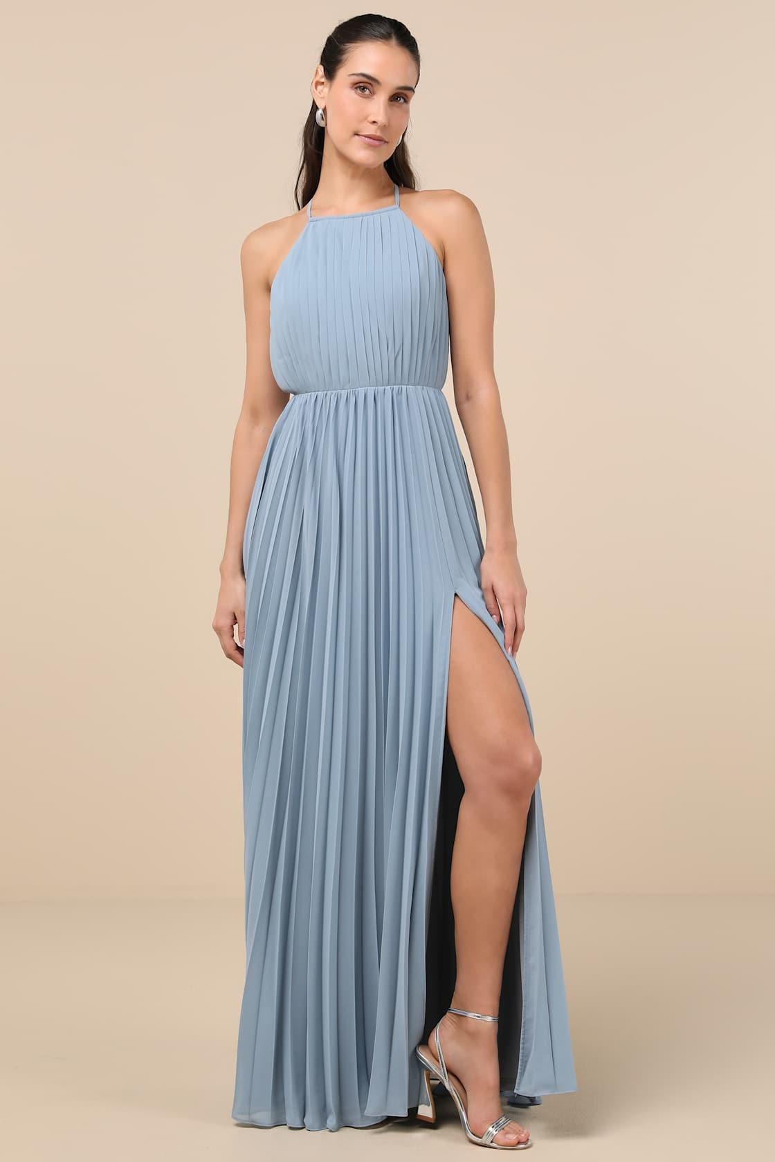 Rylie Slate Blue Pleated Backless Maxi Dress Product Image