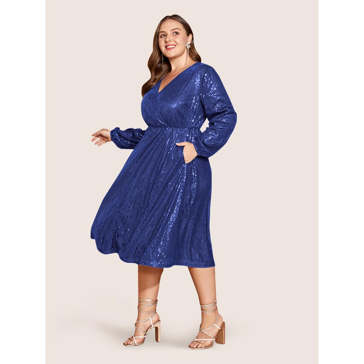 Plus Size Solid Pocket Lantern Sleeve Wrap Sequin Dress DarkGreen Women Party&Cocktail Pocket Overlap Collar Long Sleeve Curvy Midi Dress BloomChic 30/6X Product Image