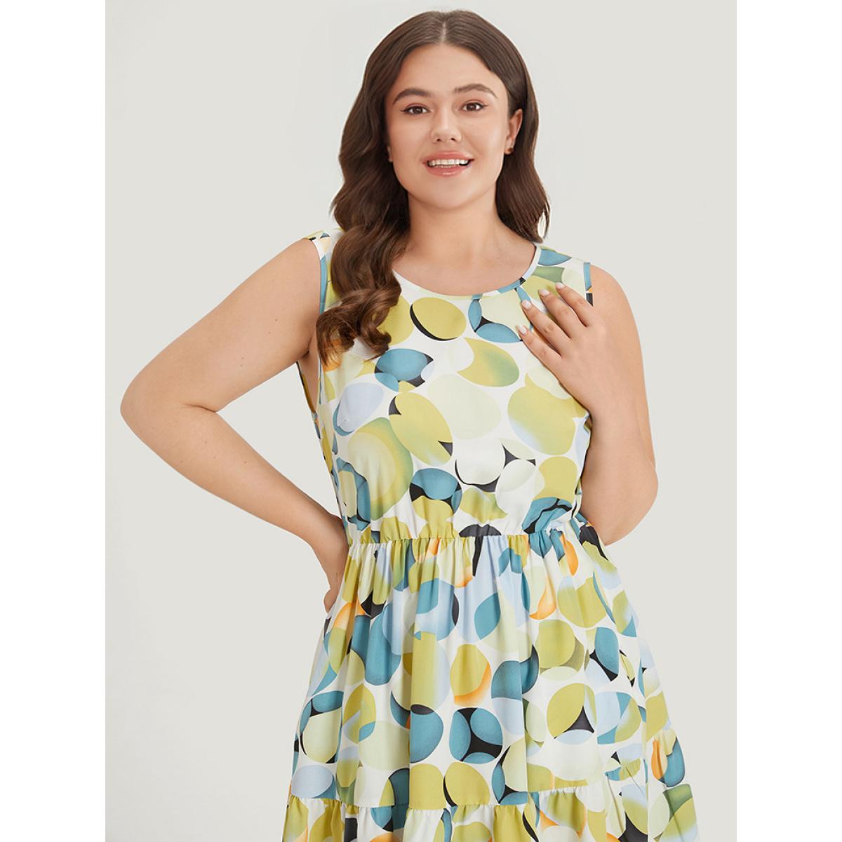 Plus Size Geometric Print Pocket Ruffle Layered Hem Sleeveless Dress YellowGreen Women Elegant Lined Round Neck Sleeveless Curvy Knee Dress BloomChic 14-16/1X Product Image