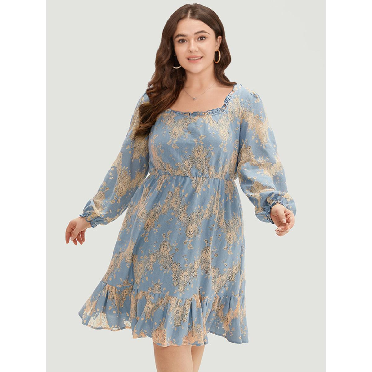 Plus Size Contrast Lace Panel Frill Trim Lantern Sleeve Dress Aegean Women Vacation Elastic cuffs Square Neck Long Sleeve Curvy Midi Dress BloomChic 12/L Product Image