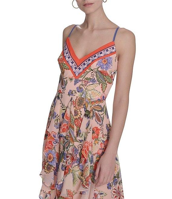 Eliza J Chiffon Floral Print V-Neck Sleeveless Ruffle Sheath Maxi Dress Product Image