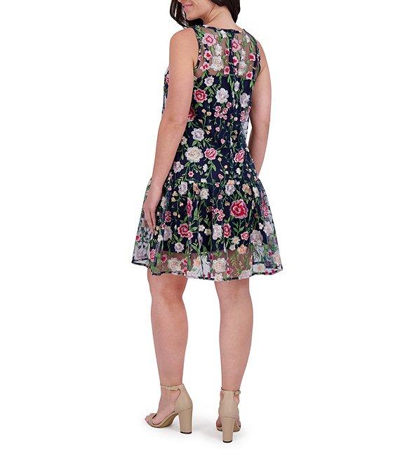Kensie Embroidered Mesh Floral Print Boat Neck Sleeveless Shift Mini Dress Product Image