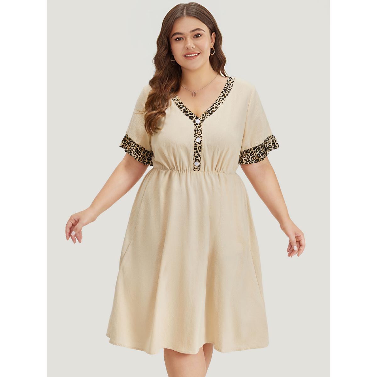 Plus Size Leopard Patchwork Pocket Flutter Trim Button Detail Dress Apricot Women Office Plain V-neck Short sleeve Curvy Midi Dress BloomChic 18-20/2X Product Image