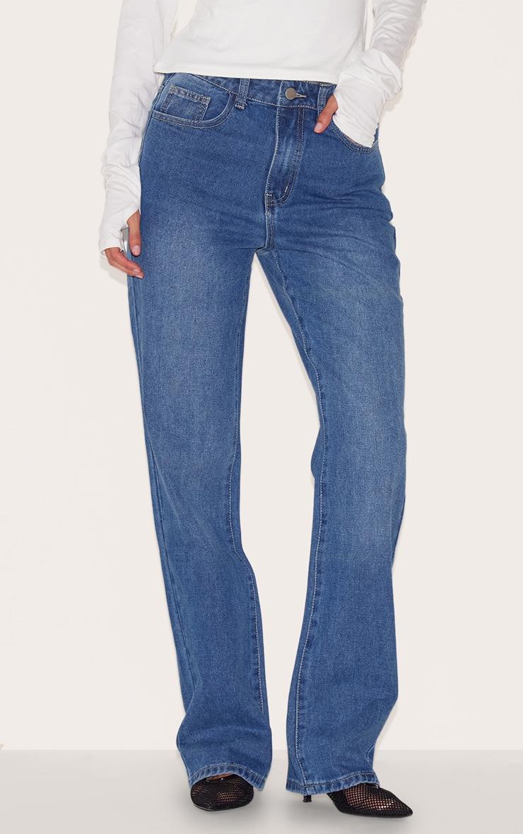 Mid Blue Wash Seam Detail Straight Leg Jeans Product Image