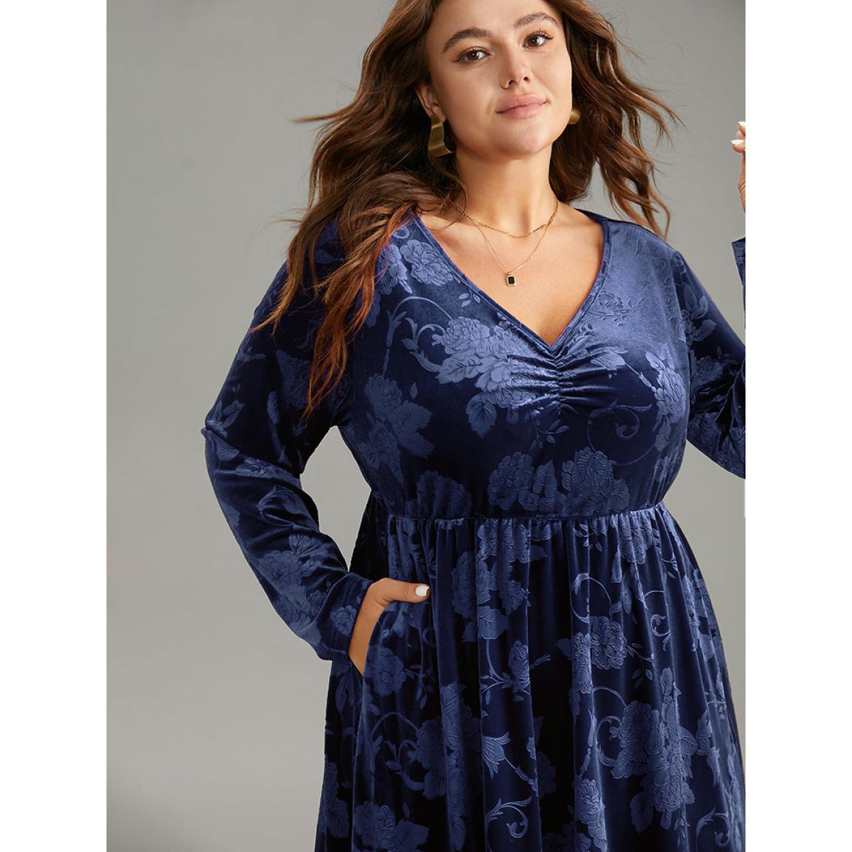 Plus Size Velvet Jacquard Elastic Waist Ruched Dress Indigo Women Elegant Velvet V-neck Long Sleeve Curvy Midi Dress BloomChic 26/4X Product Image