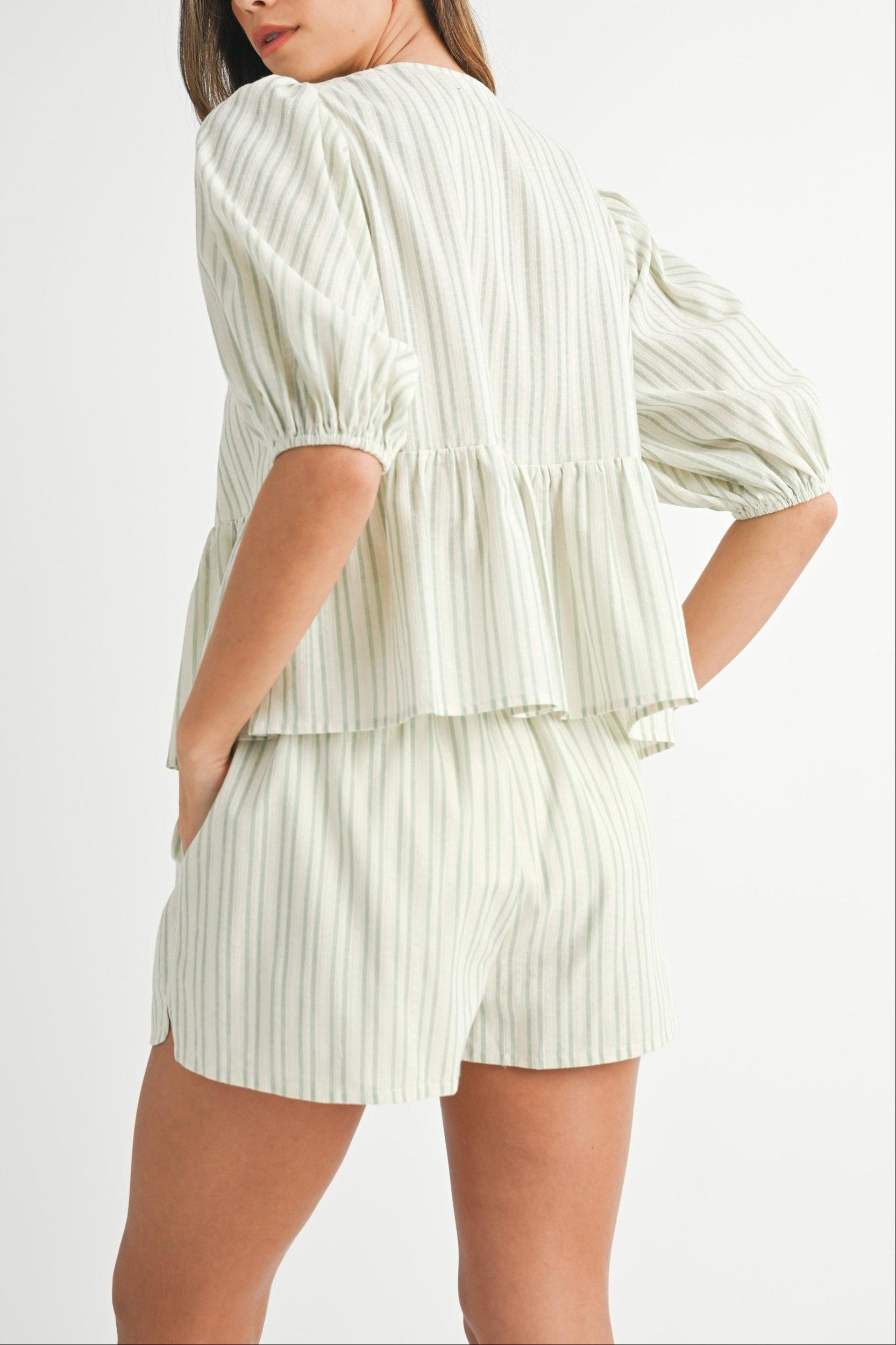 Bow Tie Front Puff Sleeve Peplum Top & Shorts Set Product Image